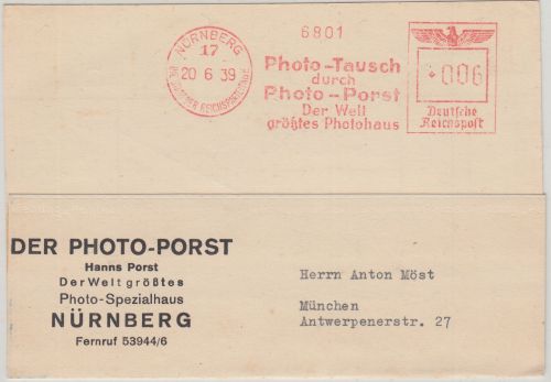 DR - Photo-Tausch Photo-Porst 6 Pfg. AFS Karte Nürnberg - München 1939