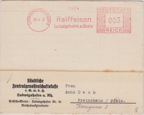 DR - Raiffeisen Ludwigshafen 3 Pfg. AFS Drucksachenkarte n. Freinsheim