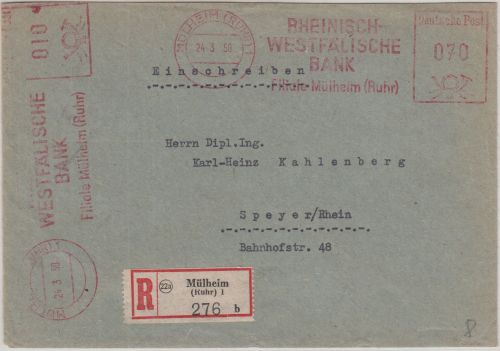 BRD - Rheinisch-Westfälische Bank 10+70 Pfg. AFS Einschreibebrief Mülheim 1950
