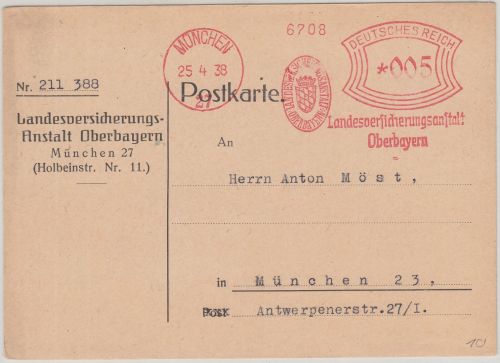 DR - Landesversicherungsanstalt Oberbayern 5 Pfg. AFS Ortskarte München 1938