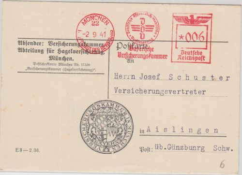 DR - Bayerische Versicherungskammer 6 Pfg. AFS Karte München - Aislingen 1941