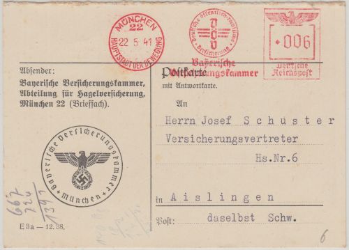 DR - Bayerische Versicherungskammer 6 Pfg. AFS Karte München - Aislingen 1941
