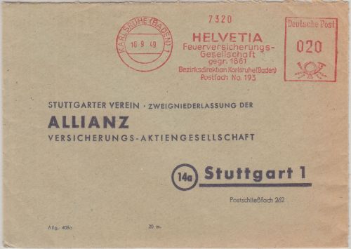 FZ/Baden - Helvetia Feuerversicherung 20 Pfg. AFS Brief Karlsruhe Stuttgart 1949