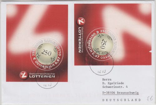 Österreich - 250 J Zahlenlotto 2x0,87€ Blockausgabe Brief Wien Braunschweig 2002