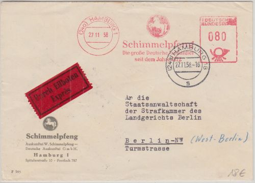 BRD - Schimmelpfennig Auskunftei 80 Pfg. AFS Eilbrief Hamburg - Berlin 1958