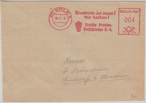 BRD - Deutsche Krankenversicherungs AG 4 Pfg. AFS Drucksache Köln - Lindorf 1950
