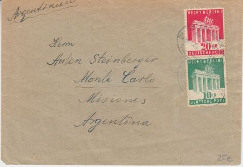 Bizone - 10+20 Pfg. Berlin-Hilfe Brief n. ARGENTINIEN Bahnpost Mesum 1950