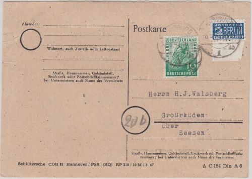 Bizone - 10 Pfg. Radrennen + Notopfer Karte Hamburg - Großrhüden 1949