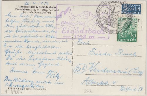 Bizone - 10 Pfg. Radrennen + Notopfer Karte Oberstdorf - Weidenau 1950