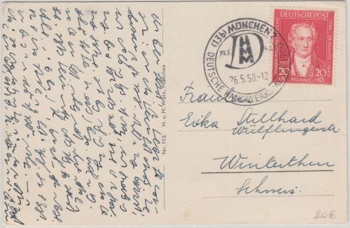 Bizone - 20 Pfg. Goethe Karte i.d. SCHWEIZ SST München Dt. Handwerksmesse 1950