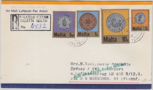 Malta - 10 C. Währung u.a. Luftpost-Einschreibebrief n. AUSTRALIEN Valletta 1972
