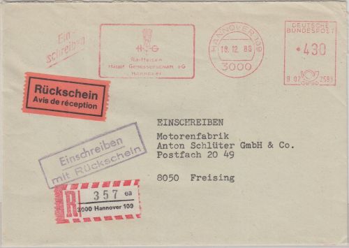 BRD - Raiffeisen Hauptgenossenschaft 430 Pfg. AFS Einschreiben/Rückschein 1986