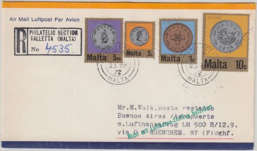 Malta - 10 C. Währung ua. Luftpost-Einschreibebrief n. ARGENTINIEN Valletta 1972