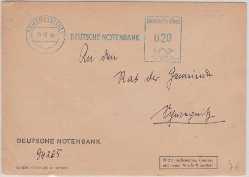 DDR - Deutsche Notenbank 20 Pfg. AFS Brief n. Schwepnitz 1954