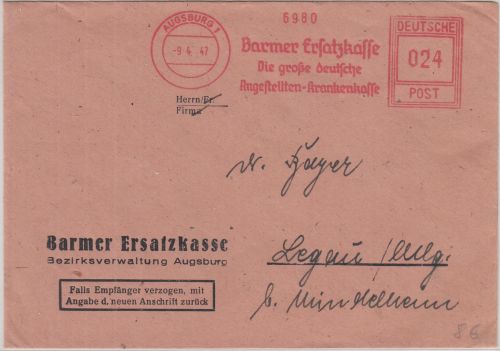 All.Bes. - Barmer Ersatzkasse 24 Pfg. AFS Brief Augsburg - Legau 1947
