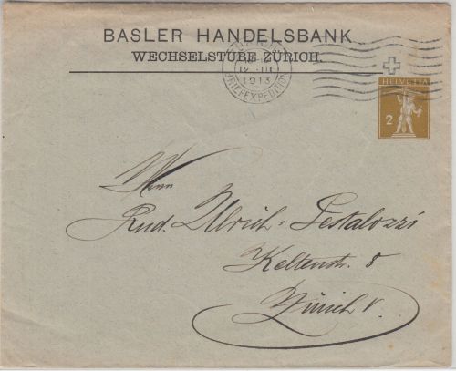 Schweiz - Basler Handelsbank 2 Rp. Tellknabe Privatganzsache n. Zürich 1913