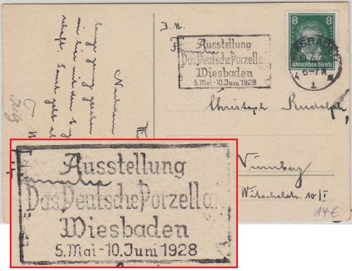 DR - Ausstellung "Das Deutsche Porzellan" Masch.werbestpl. Karte Wiesbaden 1928