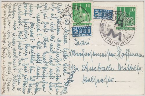 Bizone/BRD - München Handwerksmesse 1949 SST Karte n. Ansbach 1950