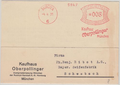 DR - Kaufhaus Oberpollinger 8 Pfg. AFS Karte München - Schwabach 1931