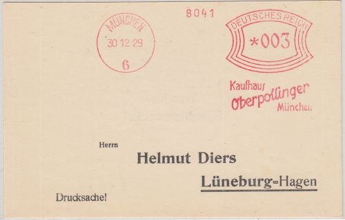 DR - Kaufhaus Oberpollinger 3 Pfg. AFS Drucksache München - Lüneburg 1929