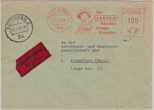 BRD - Konsum Genossenschaft 100 Pfg. AFS Eilbrief Göttingen - FFM 1965