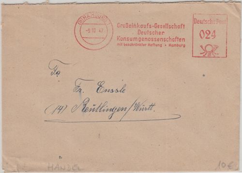 All.Bes. - Grosseinkaufs-Genossenschaft 24 Pfg. AFS Brief Hamburg 1947