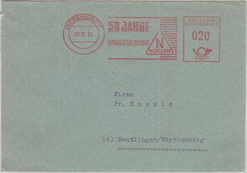 BRD - 50 J. Einkaufsverbank Norden 20 Pfg. AFS Brief Hamburg - Reutlingen 1953