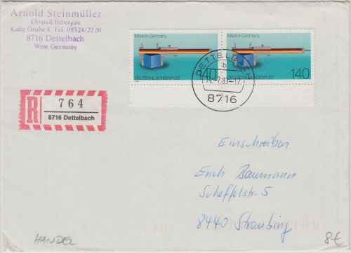 BRD - 2x140 Pfg "Made in Germany" Einschreibebrief/FDC Dettelbach Straubing 1988
