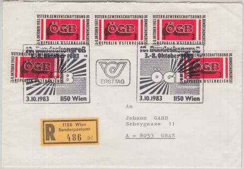 Österreich - 5x3 S. Bundeskongress ÖGB Einschreibebrief/FDC ESST Wien Graz 1983