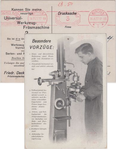 DR - Deckel Maschinenbau München Werbekarte 3 Pfg. Postfreistempel 1927