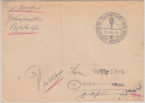 BRD - 30. Deutscher Anwaltstag 1959 Postsache SST Stuttgart n. Berlin