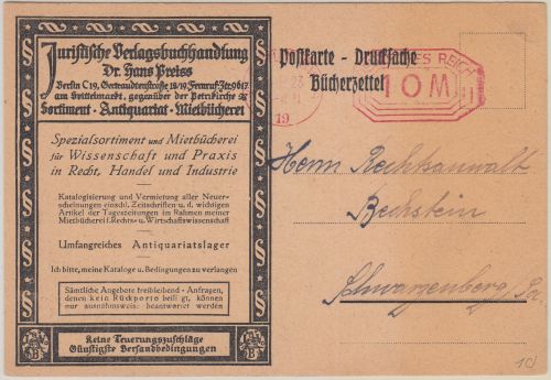 DR-Infla - Juristische Verlagsbuchhandlung Drucksache 10 M. PFS Berlin 1922