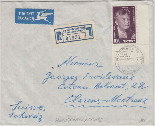 Israel - 70 A. 80.Geb. Eleanor Roosevelt Luftpost-Einschreibebrief Tel Aviv 1965