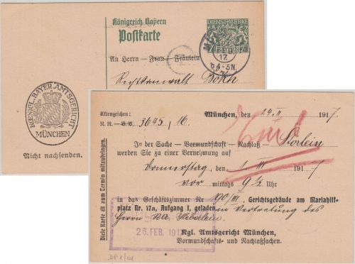 Bayern - 7 1/2 Pfg Staatswappen Ganzsache priv. Zudruck Amtsgericht München 1917