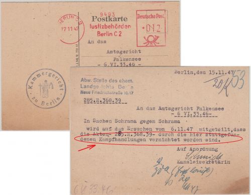 All.Bes. - Justizbehörden Berlin C2 12 Pfg. AFS Karte n. Falkensee 1947 Text !!