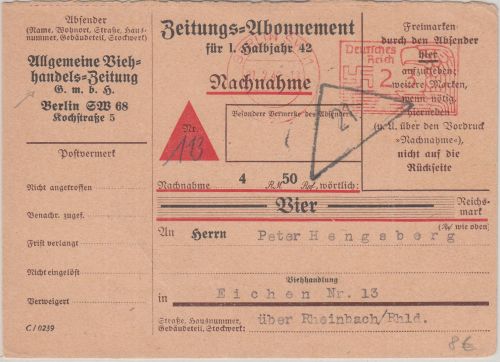 DR - Allgem. Viehandelszeitung Nachnahmedrucksache 23 Pfg. PFS Berlin 1942