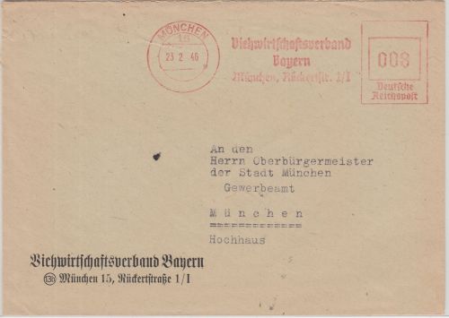 All.Bes. - Viehwirtschaftsverband Bayern 8 Pfg. AFS Ortsbrief München 23.2.46