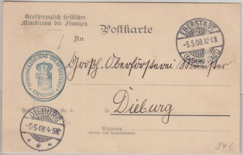 DR - Gr. Oberförsterei Eberstadt Frei lt. Avers No.5 Dienstpostkarte 1908