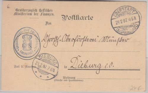 DR - Gr. Oberförsterei Eberstadt Frei lt. Avers No.5 Dienstpostkarte 1907