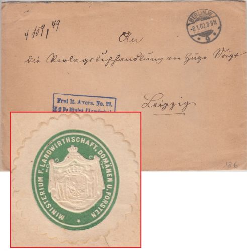 DR - Kgl. Pr. Ministerium f. Landwirtschaft Frei lt. Avers No.21 Brief 1902