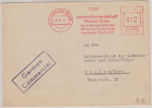All.Bes. - Landesbauernschaft Weser-Ems 12 Pfg AFS Brief Oldenburg - Goslar 1945