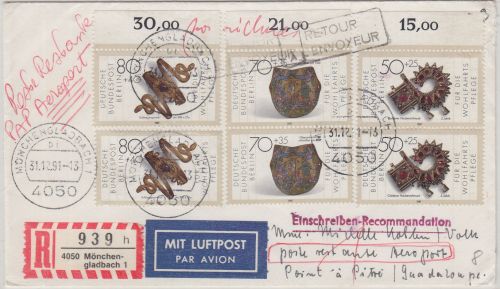 Berlin - Gold- u. Silberschmiedekunst Lupo-Einschreibebrief n. Guadaloupe 1991
