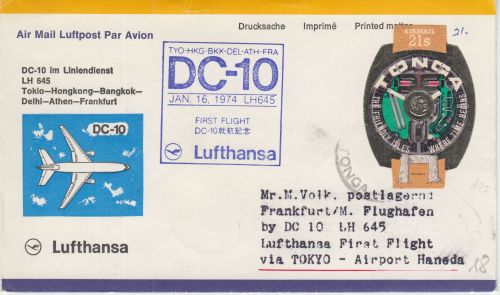 Tonga - 21 S. Armbanduhr Luftpostbrief Zuleitung LH-Erstflug Tokio - FFM 1974