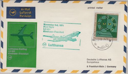 Kongo - 7 K. Analphabetentum Luftpostbrief/LH-Erstflug Kinshasa - FFM 1971