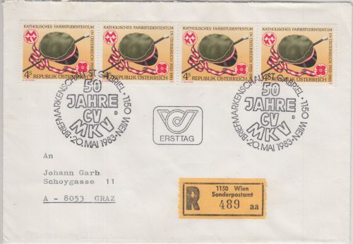 Österreich - 4x4 S. Kath. Farbstudententum Einschreibebrief/FDC ESST Wien 1983