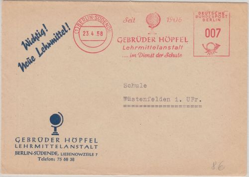 Berlin - Höpfel Lehrmittelanstalt 7 Pfg. AFS Drucksache n. Wüstenfelden 1958