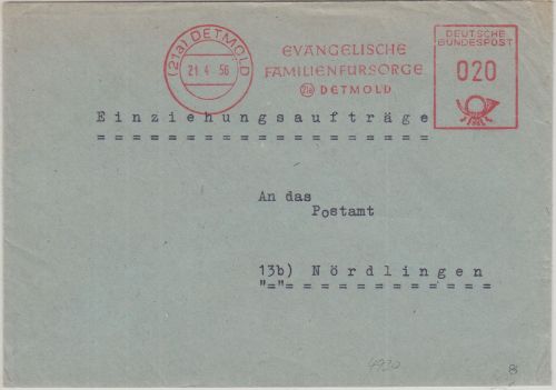 BRD - Evang. Familienfürsorge 10 Pfg. AFS Brief Detmold - Nördlingen 1956
