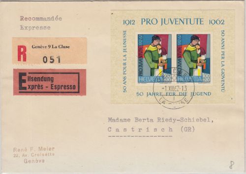 Schweiz - Pro Juventute 1962 Blockausgabe Einschreiben-Eilbrief/FDC Genf