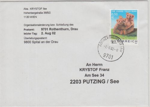 Österreich - 0,51€ 100 J. Teddybär Brief Rothenthurn - Putzing 2002