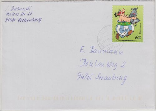 BRD - 62 C. Obelix Idefix selbstkl. Brief Rothenburg - Straubing 2016